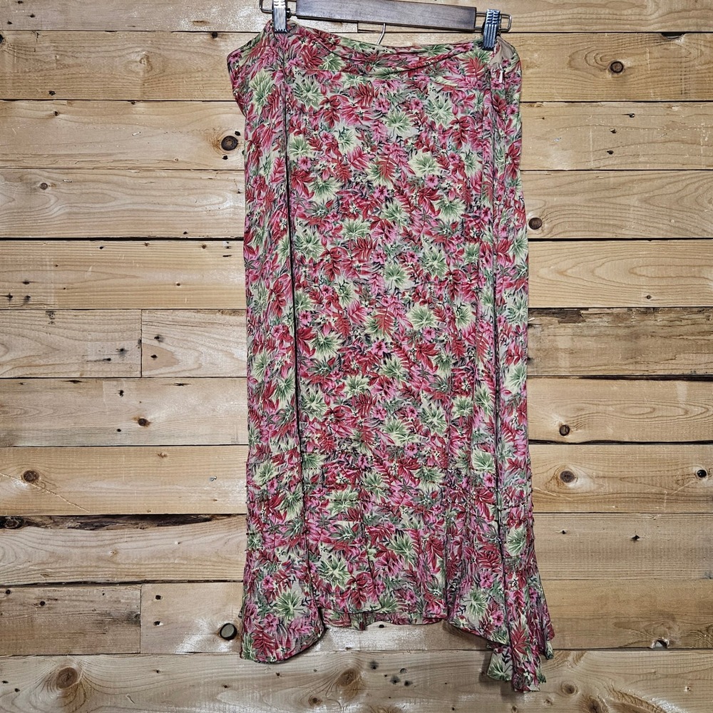 April Cornell Pink Floral Beaded Ruffle Hem Rayon Midi Skirt Large - Picture 2 of 9